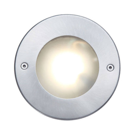 Lutec Strata stainless steel round recessed floor spotlight IP67 320 lm with opal diffuser and stainless steel ring.