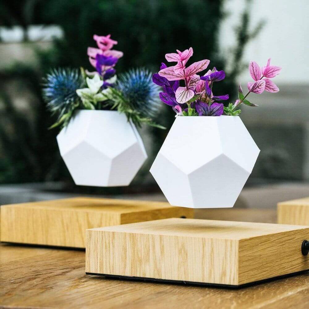 Lyfe Dekoplatte mit schwebendem Topf mit bunten Blumen in schwebendem Übertopf auf Eichensockel.
