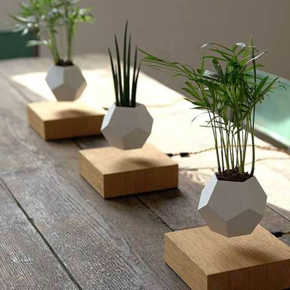 Lyfe Dekoplatte mit schwebendem Topf auf Holztisch mit Pflanzen in geometrischen Töpfen.