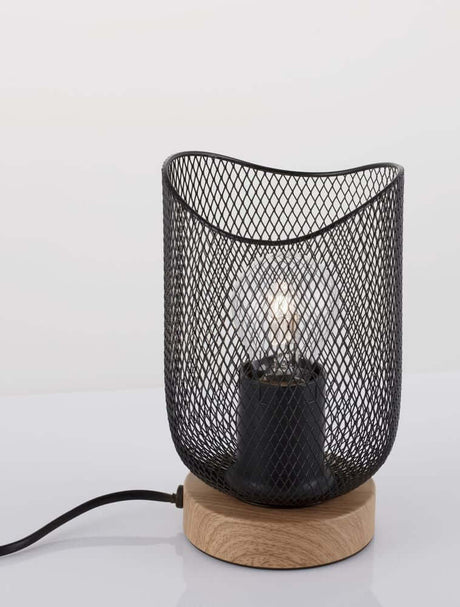 Lyron table lamp E27 Ø 12 cm with hand-selected natural wood base and black wire shade.