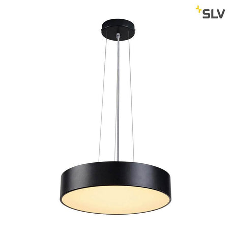 Medo 40 LED Deckenleuchte Schwarz 1-10V 3000K an einem modernen Aufhänger.