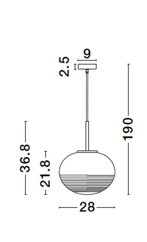 Maße der Maeve Pendelleuchte Ø 28cm Gold, Transparent mit Durchmesser 28 cm und Höhe 190 cm.