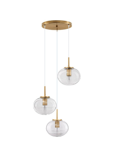 Suspension Maeve à 3 flammes Ø 30 cm Or, Transparent - élégante lampe suspendue avec trois globes en verre dorés.