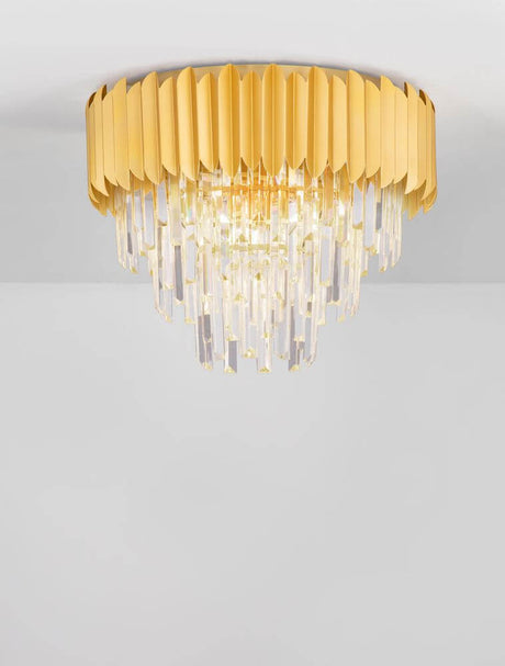 Magnolia plafonnier prismatique 6 lumières Ø 50 cm avec cadre doré et prismes en cristal.