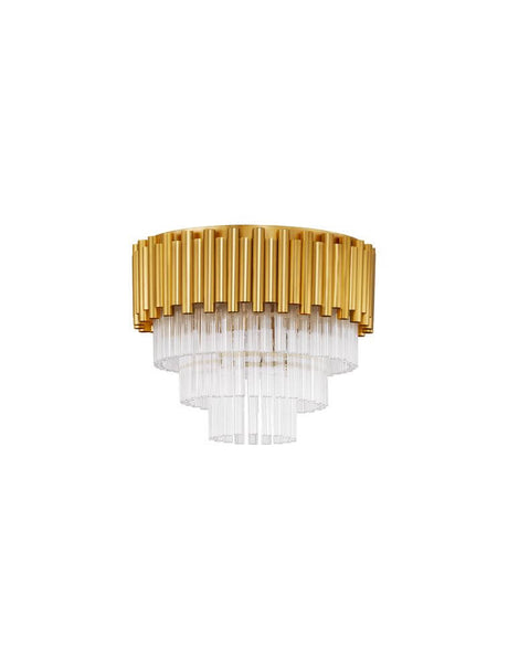Plafonnier Magnolia cylindrique à 5 lampes Ø 40 cm doré avec cadre doré et prismes en cristal.