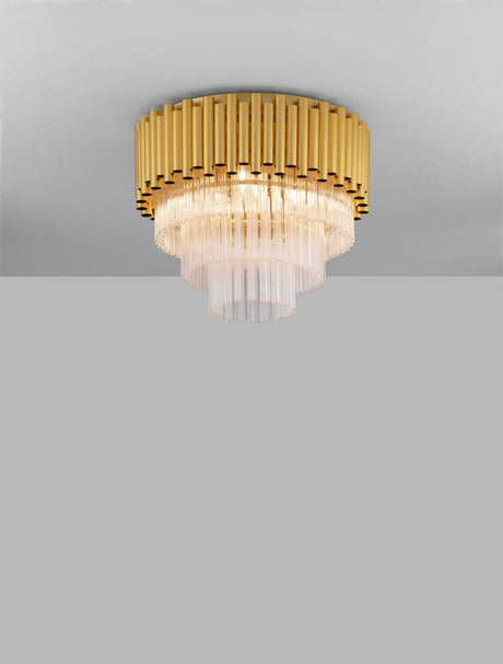 Plafonnier Magnolia cylindrique à 5 lampes Ø 40 cm doré, avec cadre en aluminium doré et prismes en cristal.
