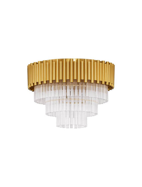 Plafonnier Magnolia cylindrique à 6 lampes Ø 50 cm doré avec d’élégants prismes en cristal et un cadre doré.