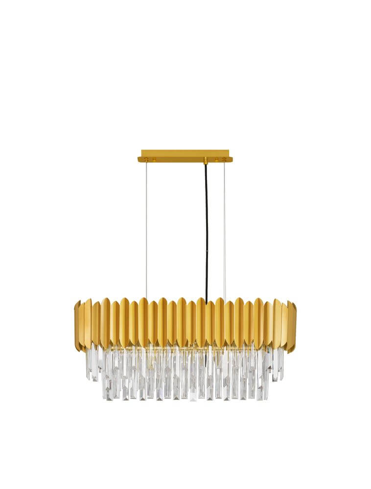 Magnolia Pendelleuchte 5-flammig Stadion in modernem Design mit Kristallprismen in gold und transparentem Material.