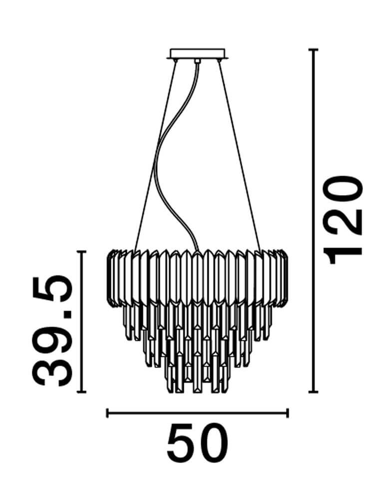 Technische Zeichnung der Magnolia Pendelleuchte Prismatisch 6-flammig Ø 50cm mit Maßen.