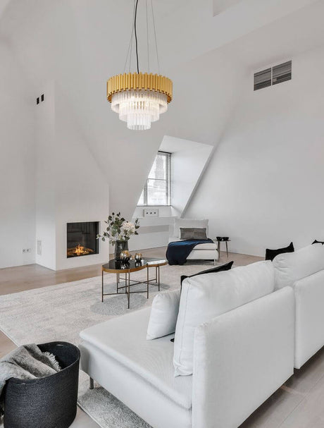 Magnolia Pendelleuchte Zylindrisch 6-flammig Ø 50cm Gold, goldene Kristall-Pendelleuchte im modernen Wohnzimmer
