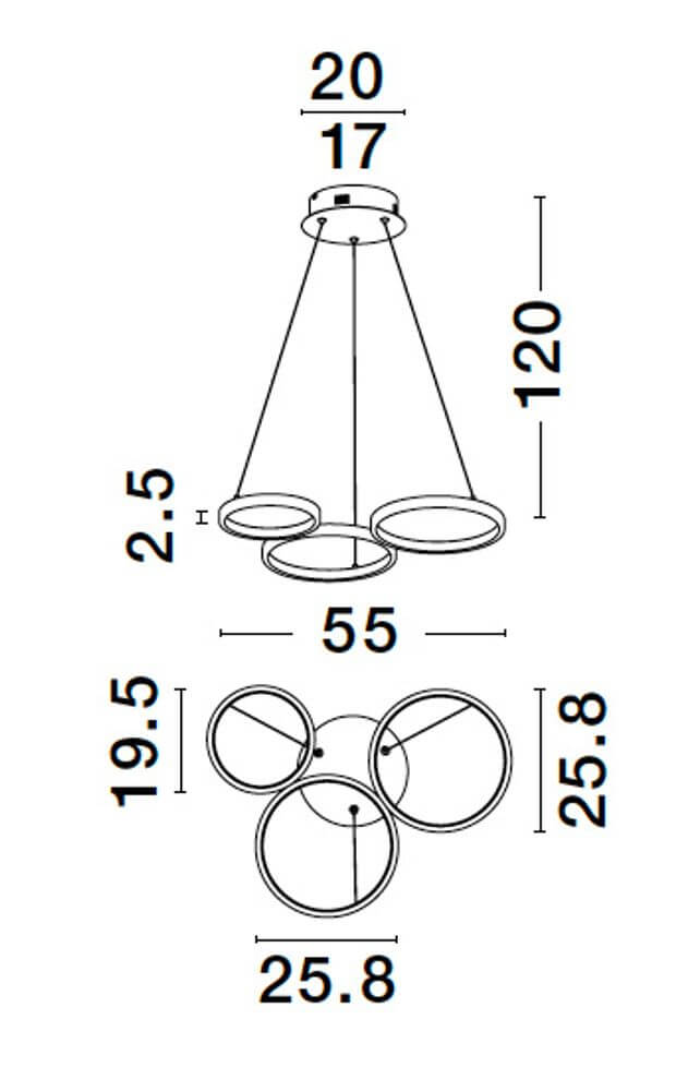 Maßzeichnung der Magnus LED Pendelleuchte 3-flammig 3000K mit Abmessungen.