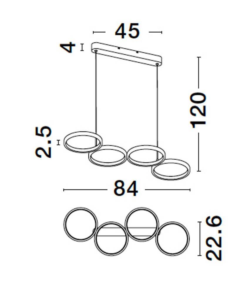 Technische Zeichnung der Magnus LED Pendelleuchte 4-flammig 3000K mit Abmessungen.