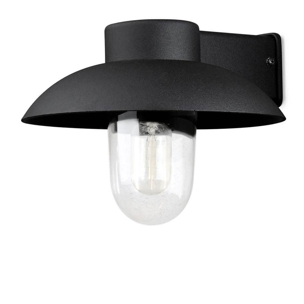 Mani Außen-Wandleuchte Schwarz, klares Glas an der Wand montiert mit klarem Glaskörper und schwarzem Metallschirm.