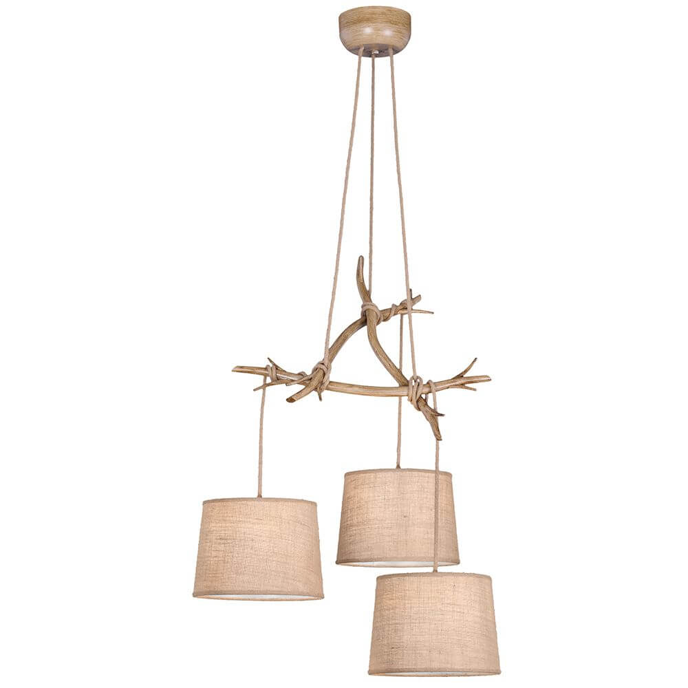 3-flammige Hängelampe Sabina in Braun mit textilem Design und Holzdetails, stilvolle Beleuchtung für jeden Raum.