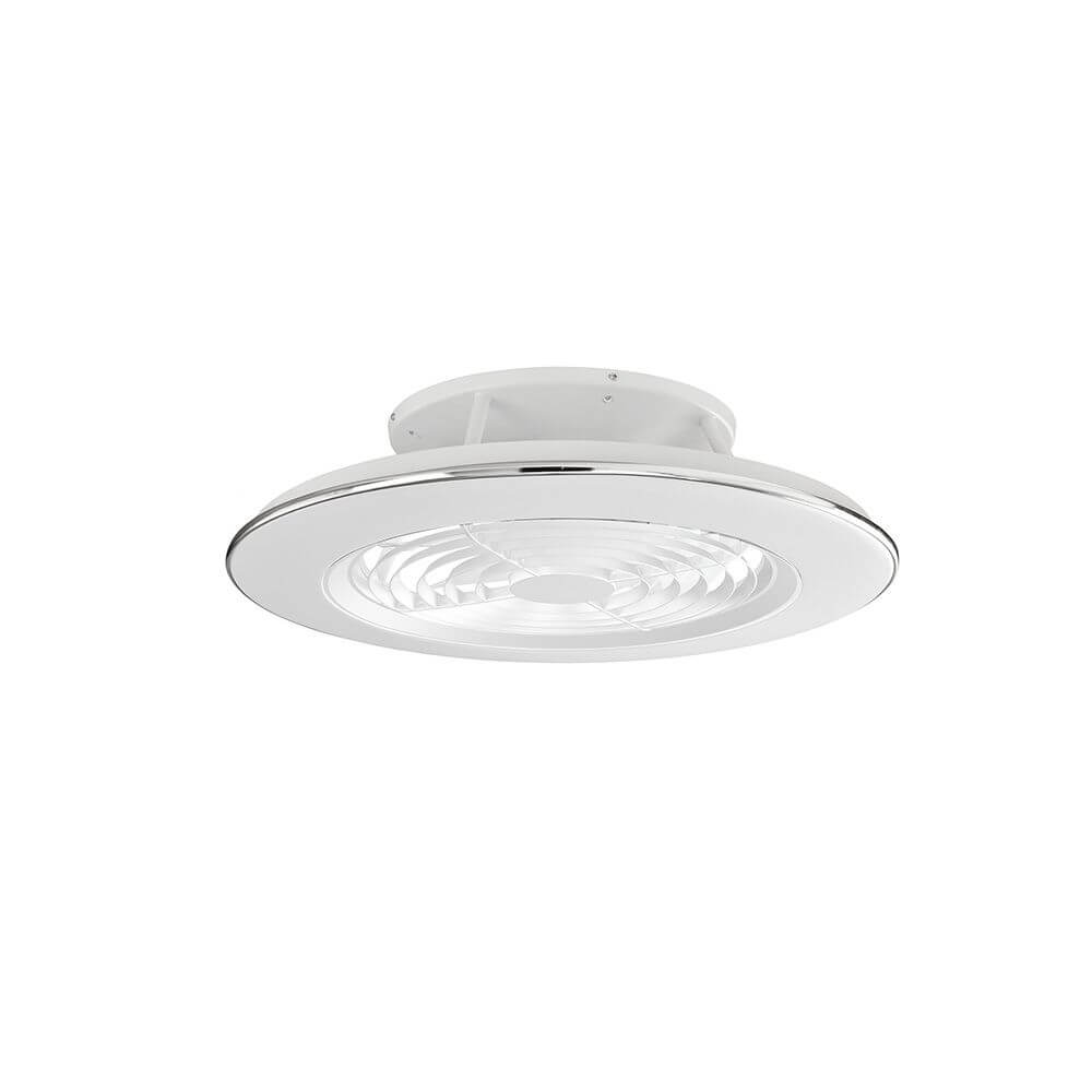 Alisio LED-Deckenleuchte + Ventilator mit modernem Lichtdesign und runder Form in Weiß.