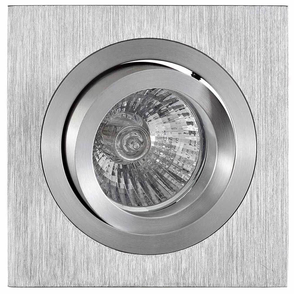 Basico Gu10 Einbaustrahler Eckig in Edelstahl-Optik mit runder Leuchte im Quadrat integriert.