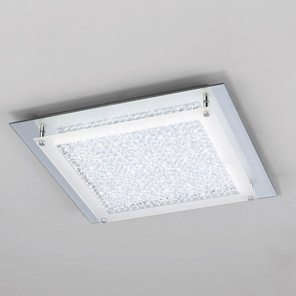 Crystal LED Mirror Deckenleuchte Eckig mit eckiger Form und modernem Lichtdesign in Chrom.