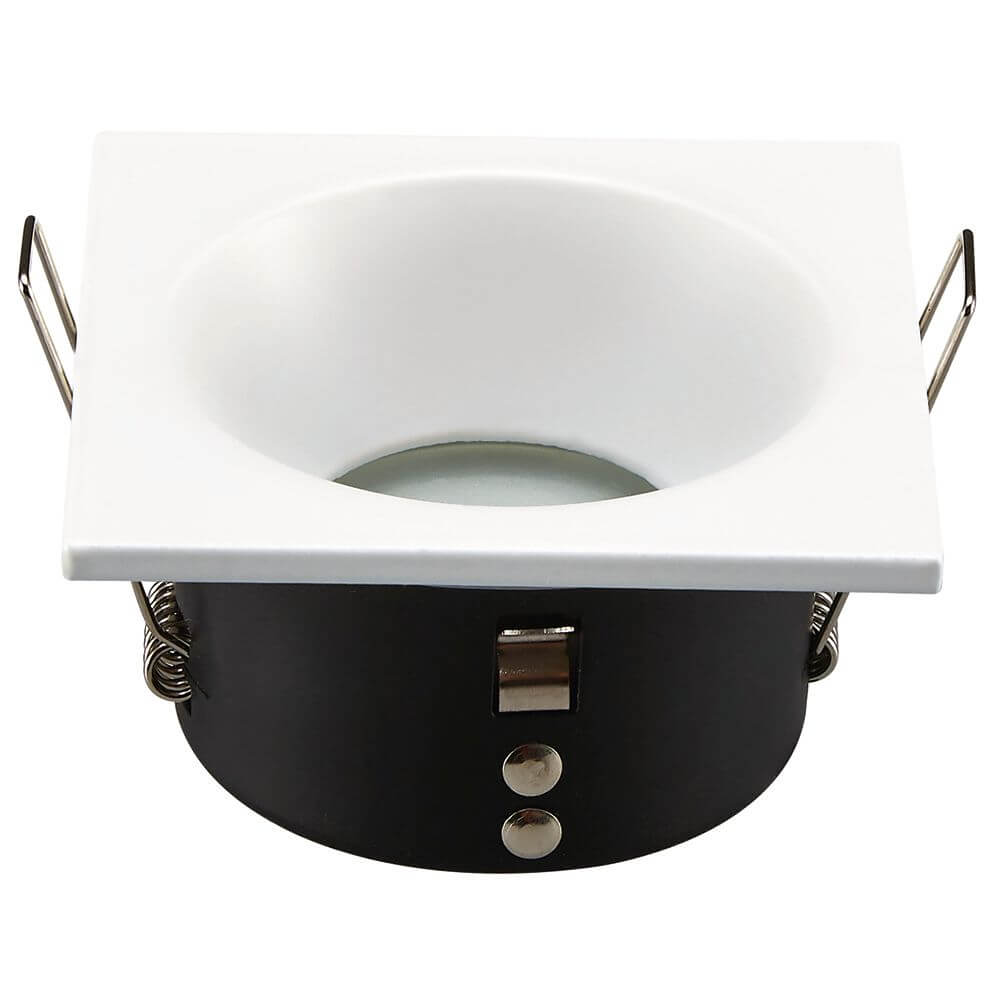 Eckige Einbauleuchte Comfort IP55 in modernem Design mit schwarzem Metall und weißem Kunststoff.