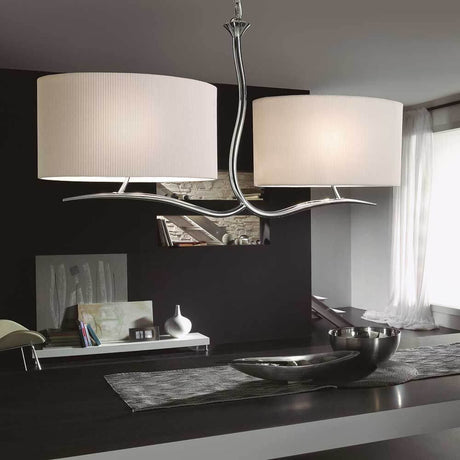 Eve 2-light pendant light with round fabric lampshades in a modern lighting design