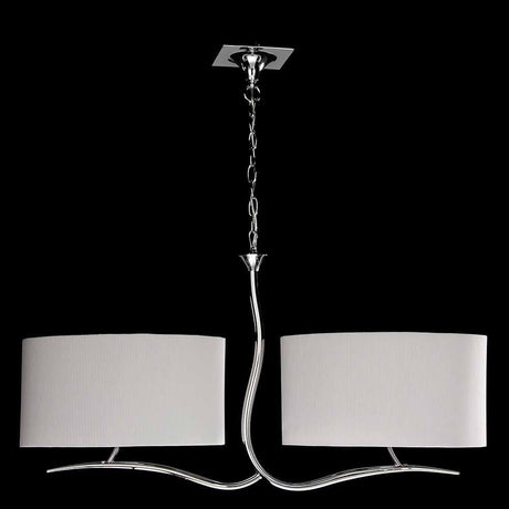 Eve 2-light pendant light with two white fabric shades and a modern metal design.