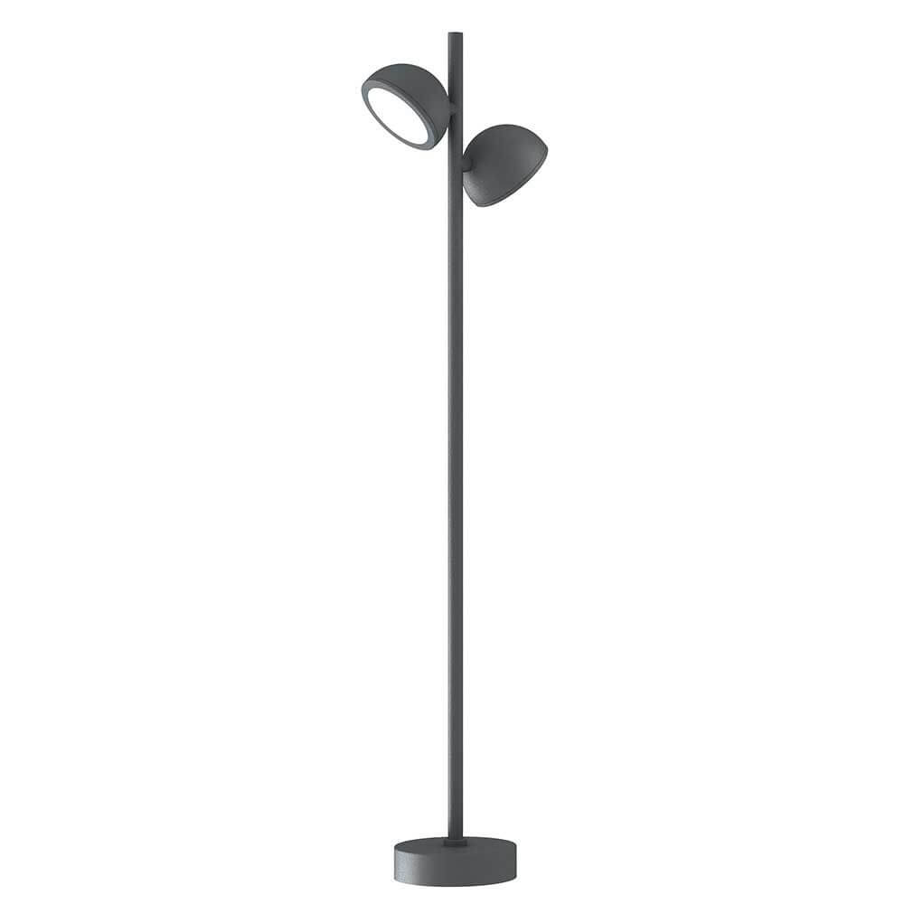 Moderne Stehleuchte mit zwei schwenkbaren Lampenschirmen und stabiler Basis in elegantem Design.