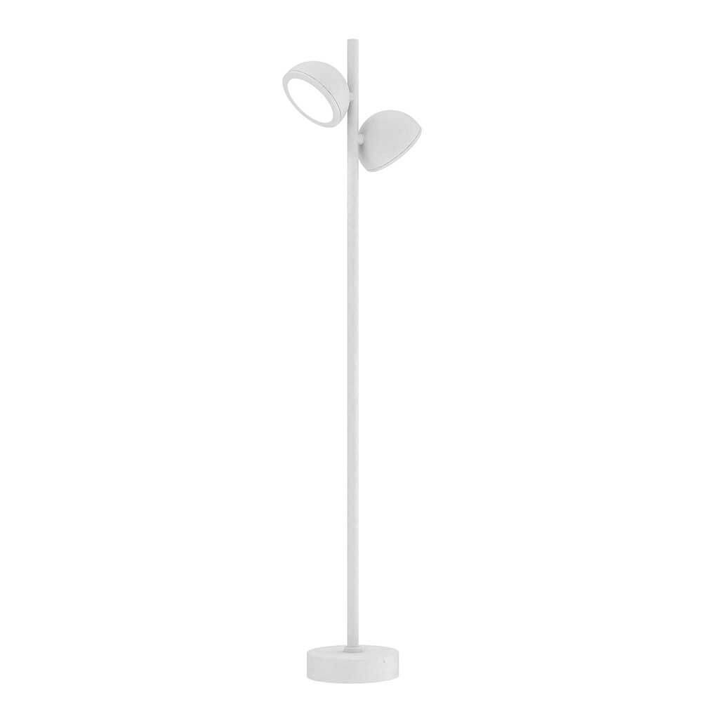 Moderne weiße Stehlampe mit zwei Lampenschirmen und stabiler Basis im minimalistischen Design.
