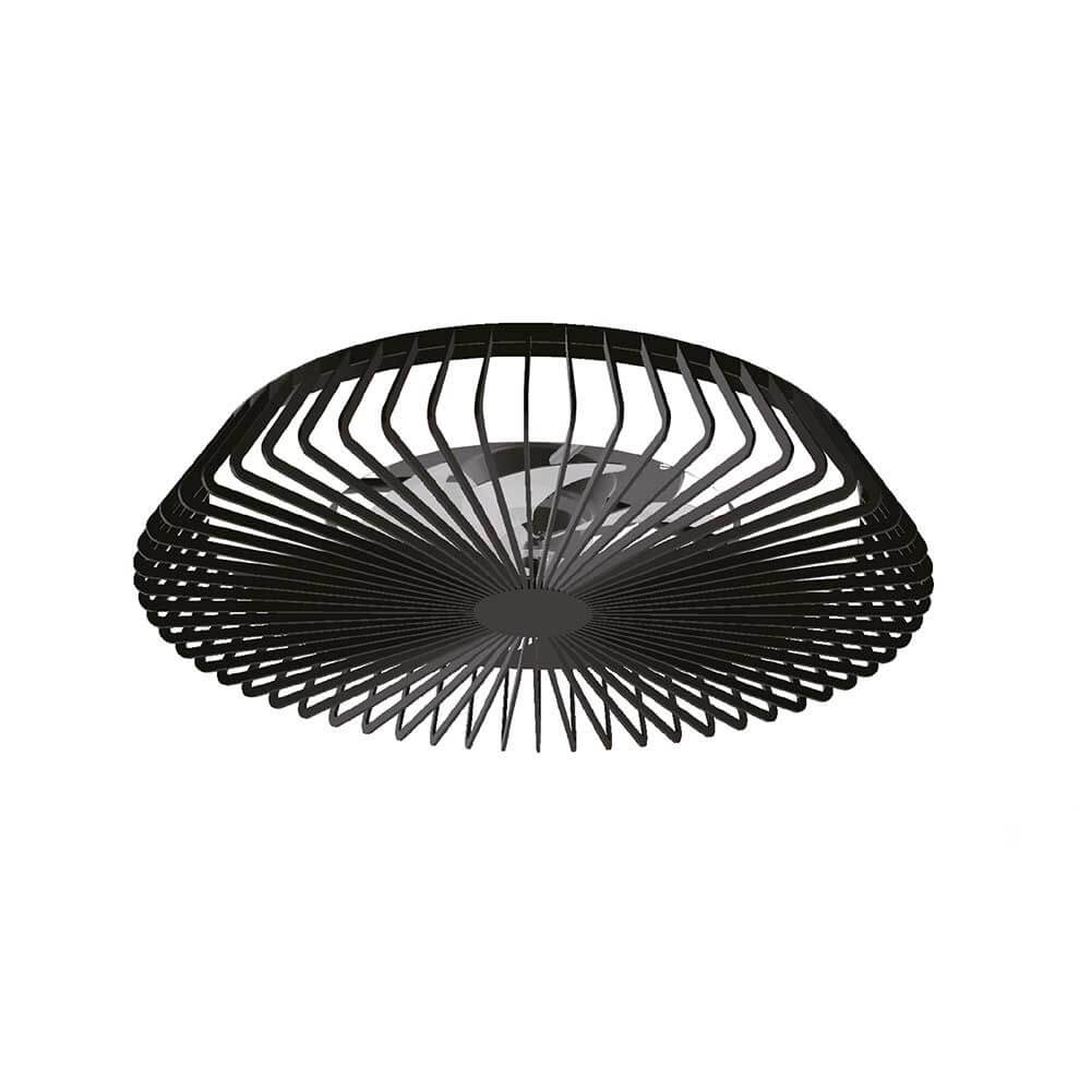 Himalaya LED-Deckenleuchte und Ventilator in modernem, runden Design mit schwarzer Metalloberfläche.