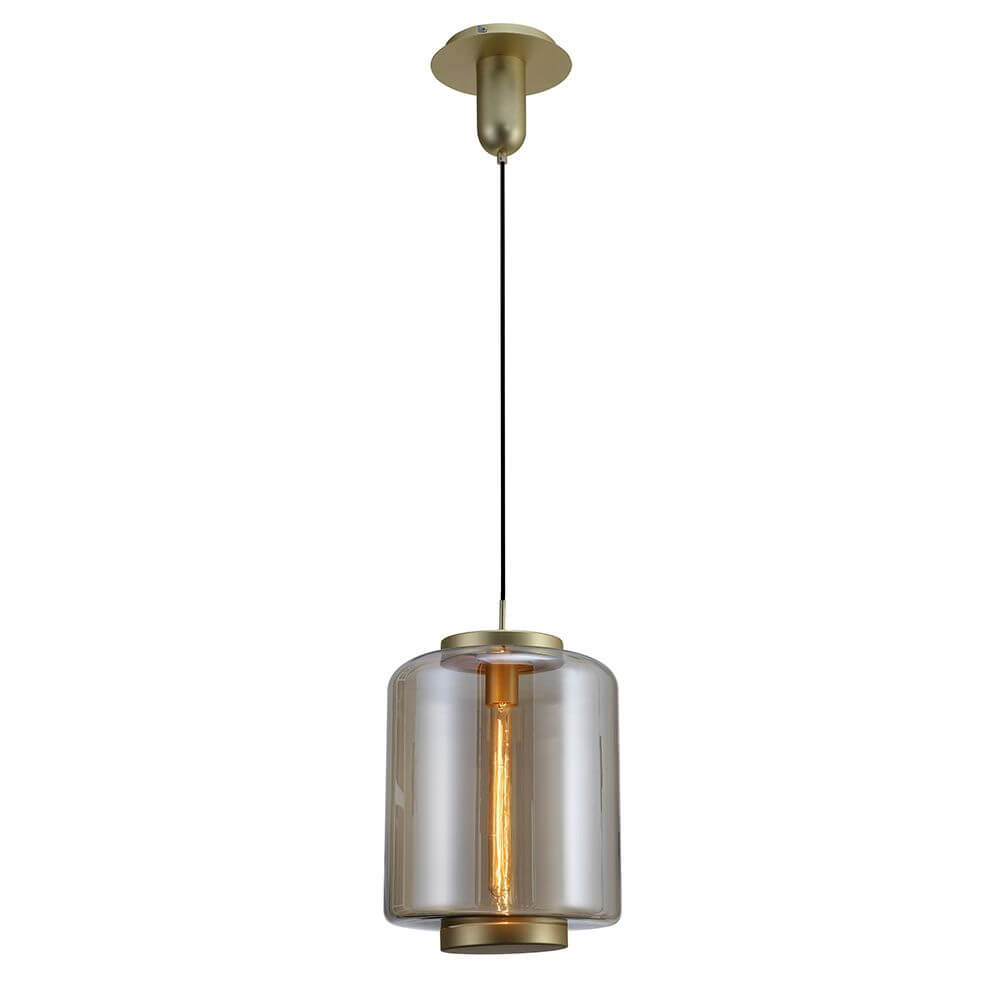 Jarras Hängeleuchte Mittelgroß aus Glas mit zylindrischer Form und goldfarbenem Baldachin.