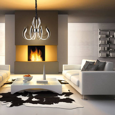 Versailles chrome chandelier with 3-step dimmer in a modern living room with elegant design and stylish lighting.
