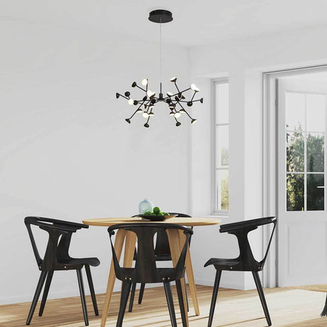 LED-Adn large pendant light above a stylish dining area with modern chairs.