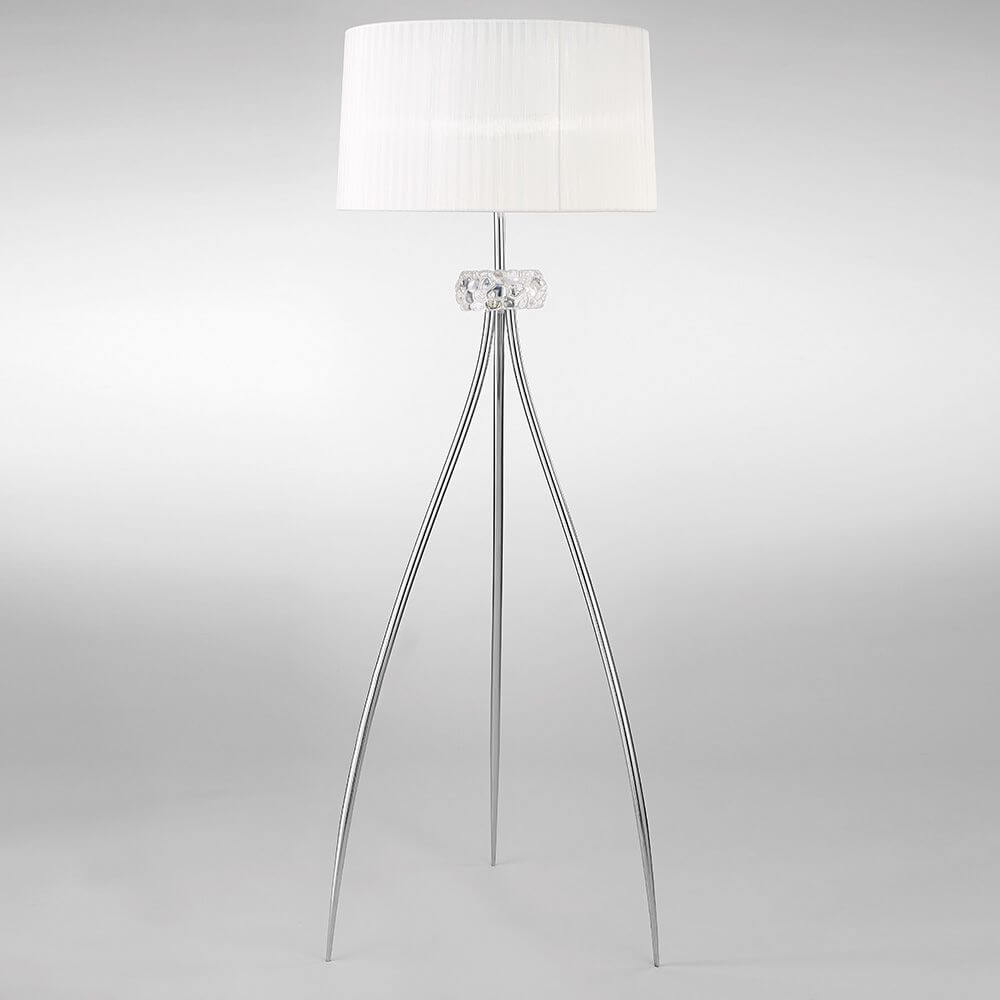 Loewe Stehlampe mit rundem Lampenschirm aus Kunststoff und schlanken Metallbeinen für zeitgemäße Innenräume.