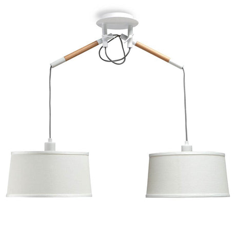 Suspension double Nordica avec abat-jour ronds et combinaison bois-métal pour un éclairage d’ambiance élégant.