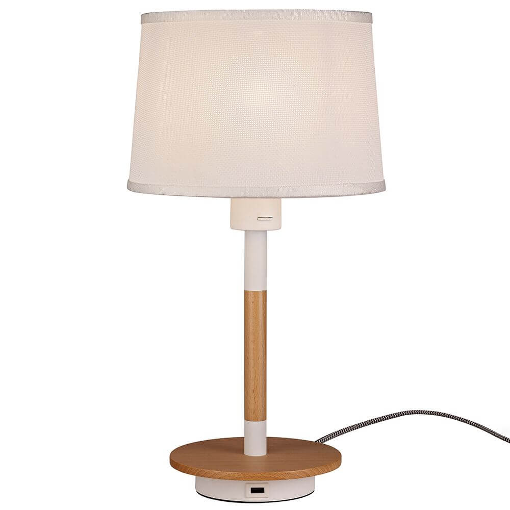 Nordica II Tischlampe Weiß, Holz + USB-Anschluss in modernem Design mit runder Form und Holzsockel.
