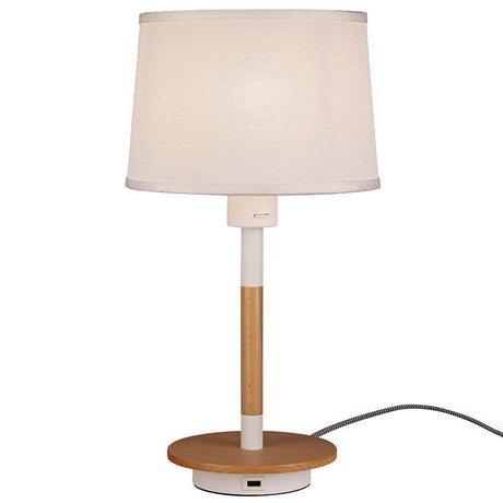 Nordica II Tischlampe Weiß, Holz + USB-Anschluss in modernem Design mit runder Form und Holzsockel.