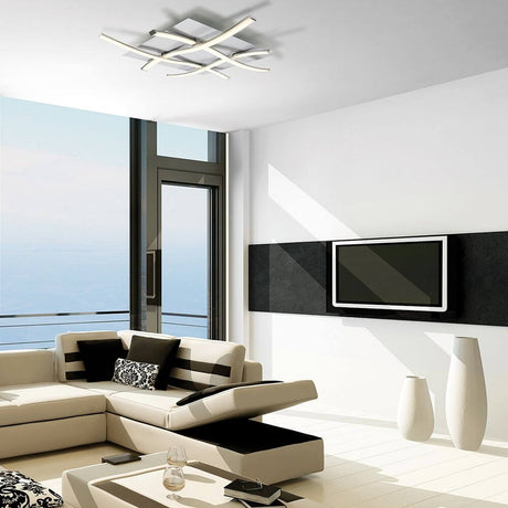 Modern square-only LED ceiling light in a stylish living room with a large window.