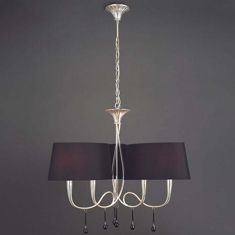 Paola 3 Schirme 6-flammige Pendellampe mit schwarzem Textil und metallischen Details.