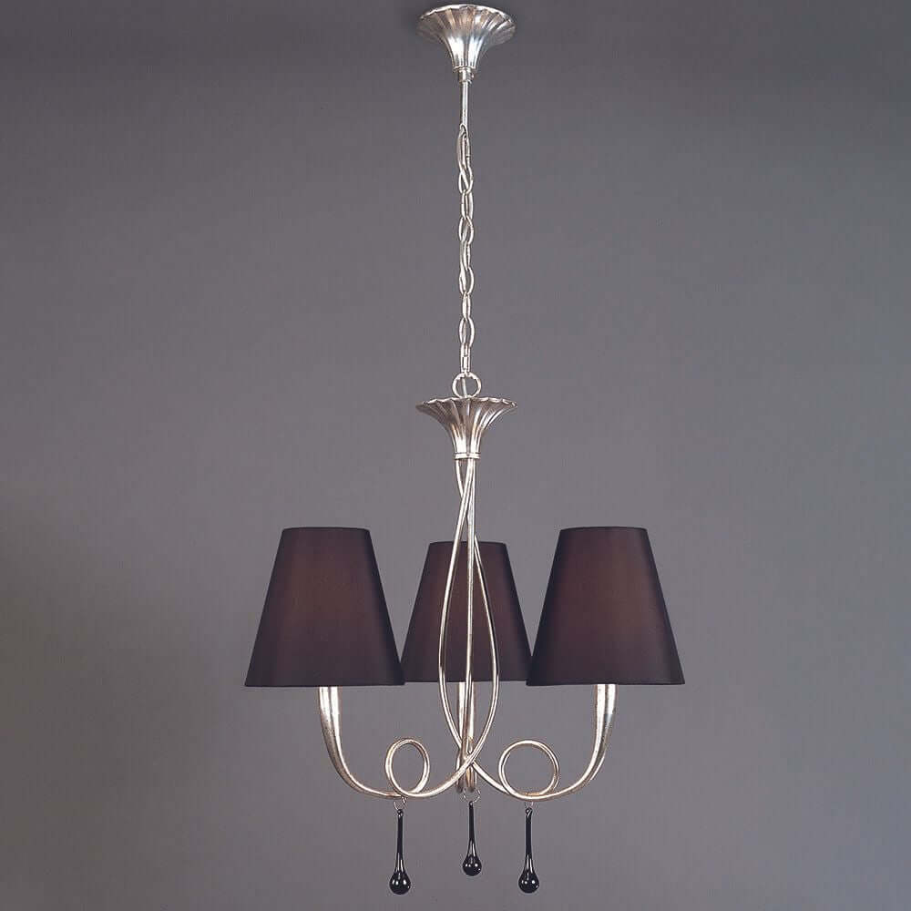 Paola 3-flammige Hängeleuchte mit schwarzem Textilschirm und metallischem Design, ideal für Wohnräume.