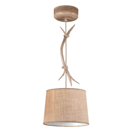 Sabina rustic textile pendant light in brown with a fabric shade and wooden suspension, modern design.