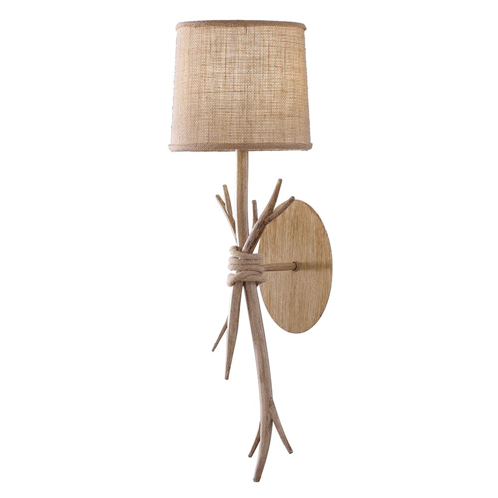 Sabina Wandlampe Textil, Braun mit runder Form und Holzdesign in Braun.