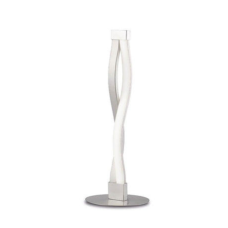 Sahara LED table lamp with a curved shape and high-quality metal finish on a round base.