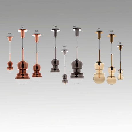 Sonata violin pendant light in various designs and colors: bronze, black, gold, and metal.