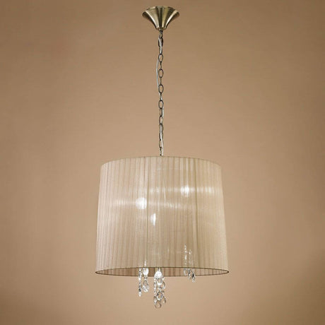 Suspension Tiffany à 3 lumières, ronde, avec un design lumineux moderne en métal et textile.