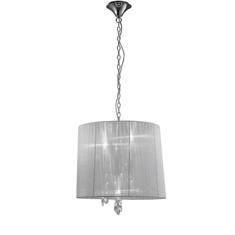 Suspension Tiffany à 3 lumières, ronde, luminaire suspendu moderne avec structure métallique et habillage textile.