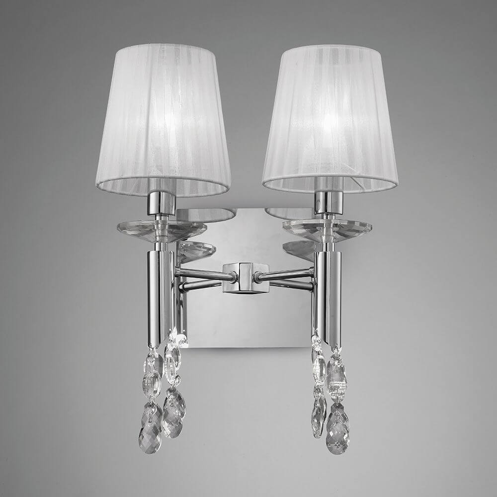 Tiffany Doppel-Wandleuchte mit runder Form, Metall und Textil, elegant und hochwertig verarbeitet.