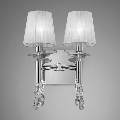 Tiffany Doppel-Wandleuchte mit runder Form, Metall und Textil, elegant und hochwertig verarbeitet.