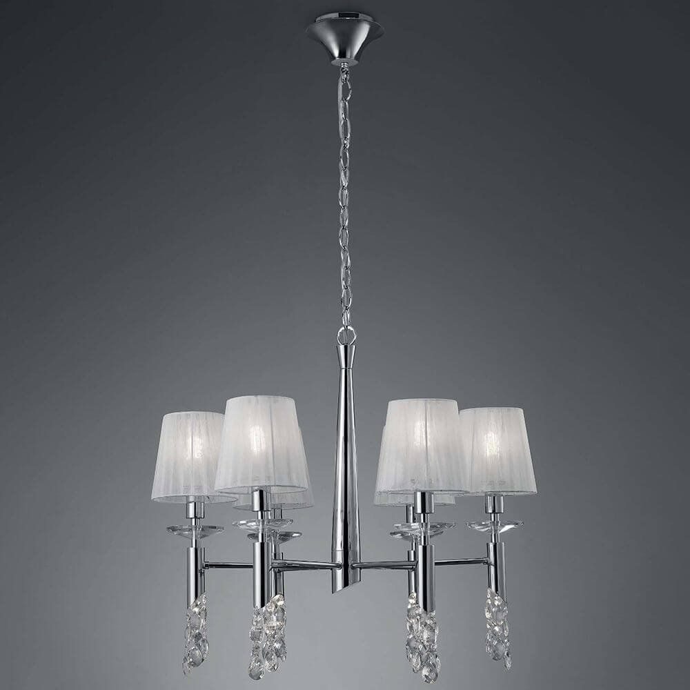 Tiffany Hängeleuchte 6-flammig mit modernem Design und eleganten Stoffschirmen.