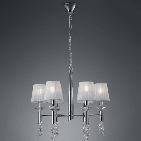 Tiffany 6-pære hængelampe med et moderne design og elegante stofskærme.