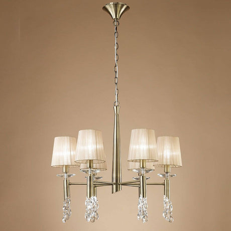 Tiffany hængelampe med 6 lamper i moderne design med tekstil- og metalelementer.