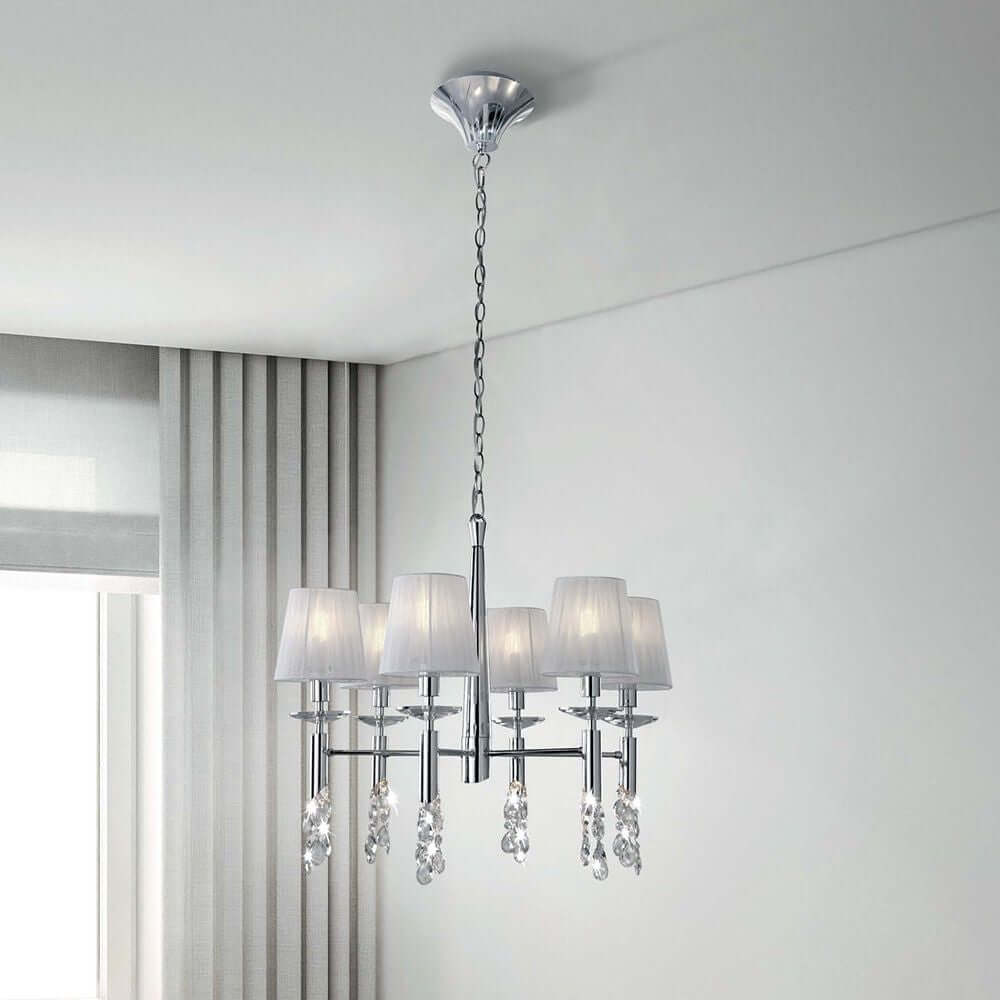 Tiffany Hängeleuchte 6-flammig moderne Deckenleuchte aus Metall und Textil mit Glaskristallen