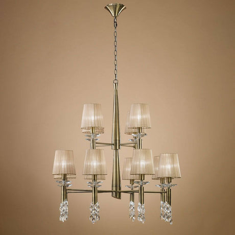 Tiffany Pendelleuchte 12-flammig in modernem Design mit metallischen und textilen Elementen.
